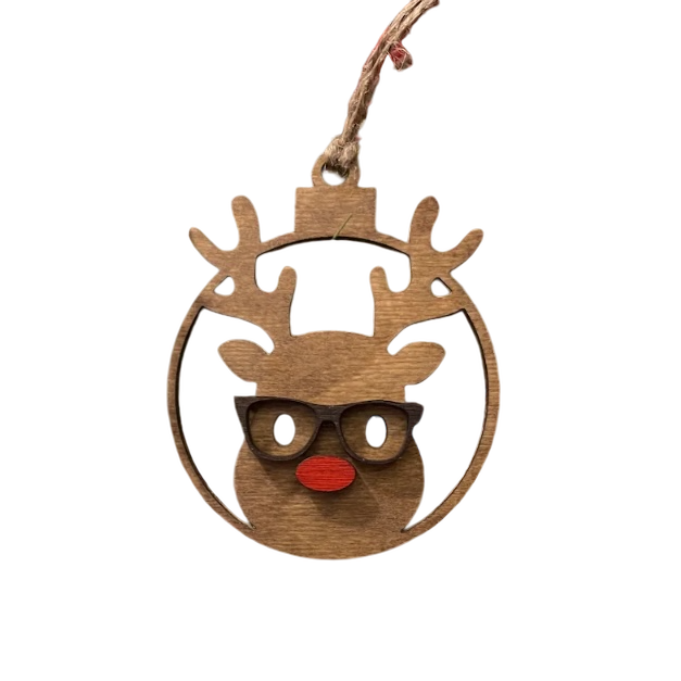 Reindeer with Glasses Wood Ornament