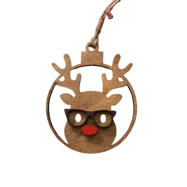 Reindeer with Glasses Wood Ornament